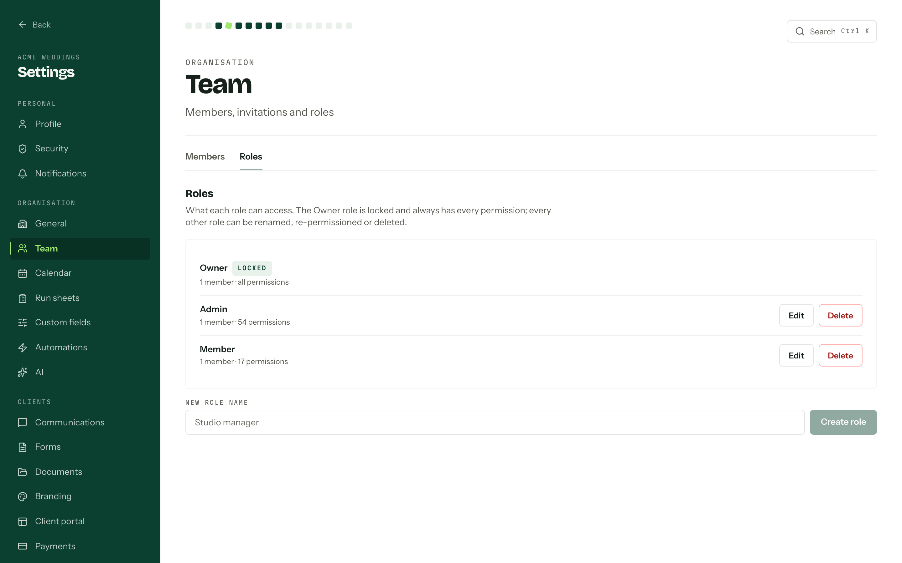 The roles list showing Owner badged Locked, Admin and Member with their member counts and permission counts.
