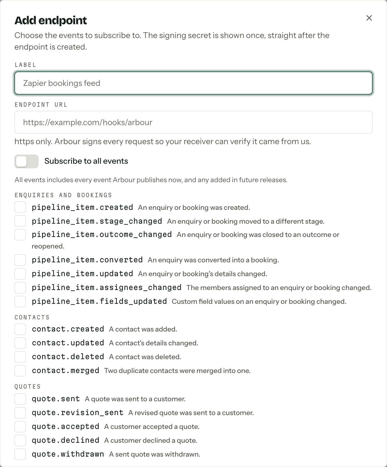 The Add endpoint dialog showing the Label and Endpoint URL fields above the grouped list of subscribable events.