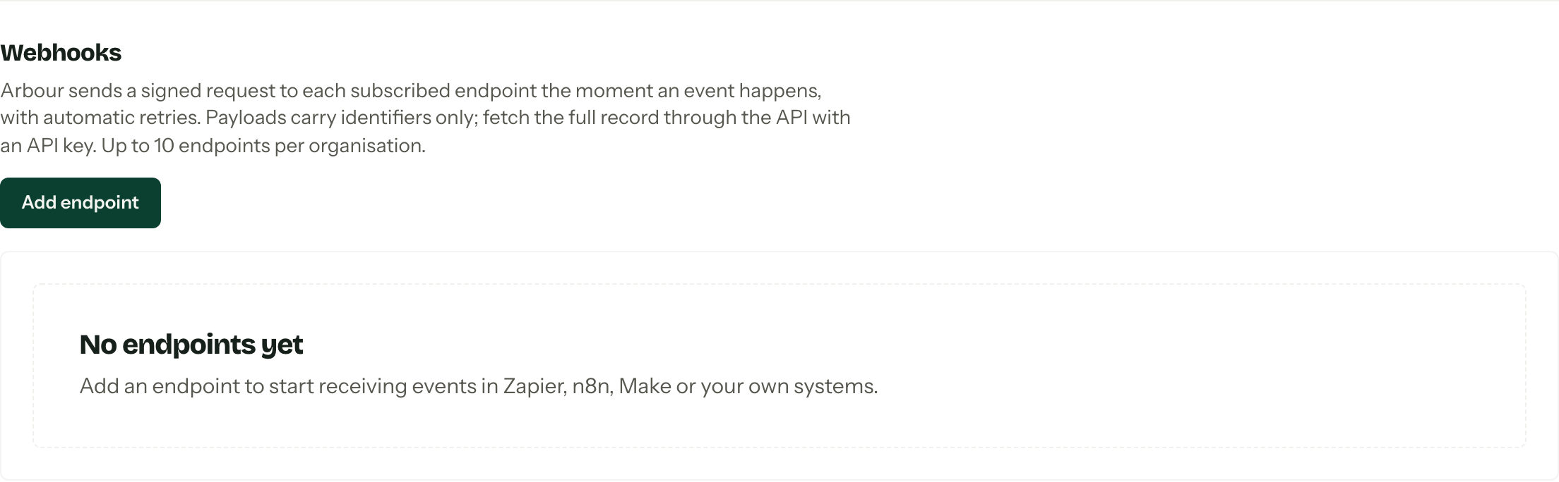 The Webhooks section of the integrations screen with no endpoints yet and an Add endpoint button.